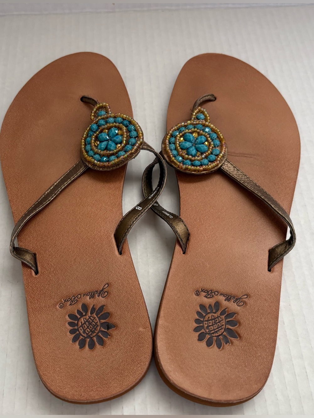 Yellow Box Lela Women's Bronze Thong Sandals Turquoise Beaded Medallion Size 8